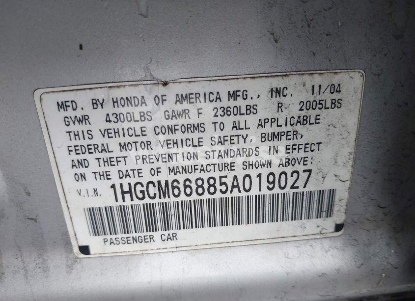 Photo 9 of 2005 Honda Accord 3.0 EX (VIN 1HGCM66885A019027)