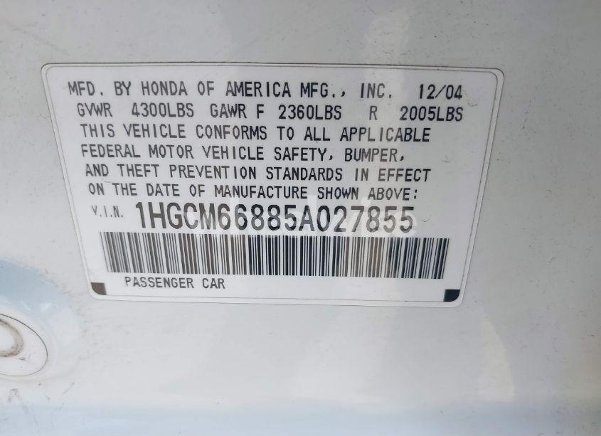 Photo 9 of 2005 Honda Accord 3.0 EX (VIN 1HGCM66885A027855)