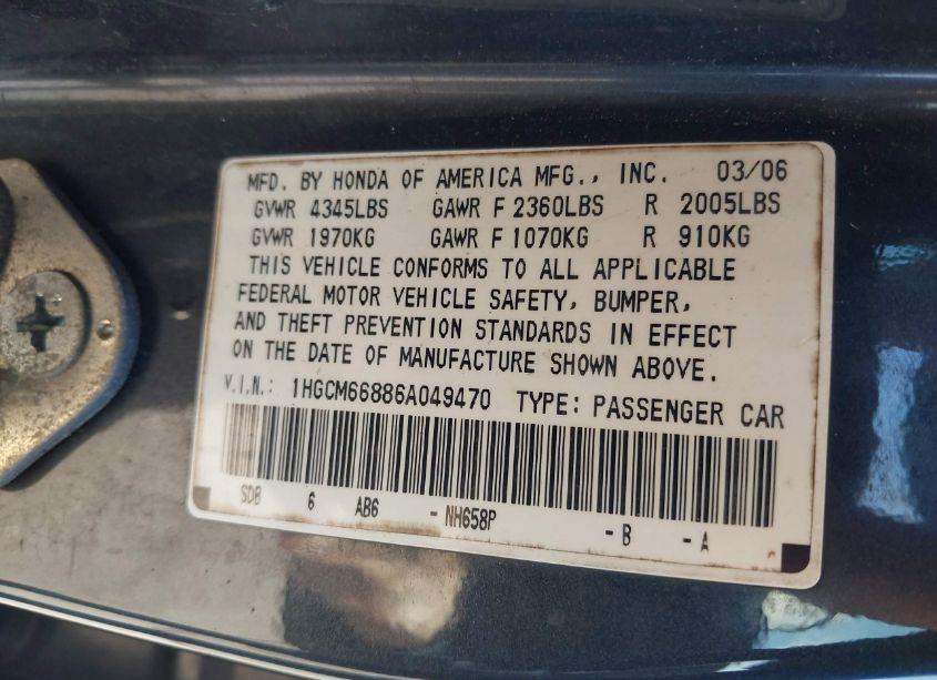 Photo 9 of 2006 Honda Accord 3.0 EX (VIN 1HGCM66886A049470)