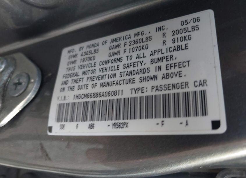 Photo 9 of 2006 Honda Accord 3.0 EX (VIN 1HGCM66886A060811)