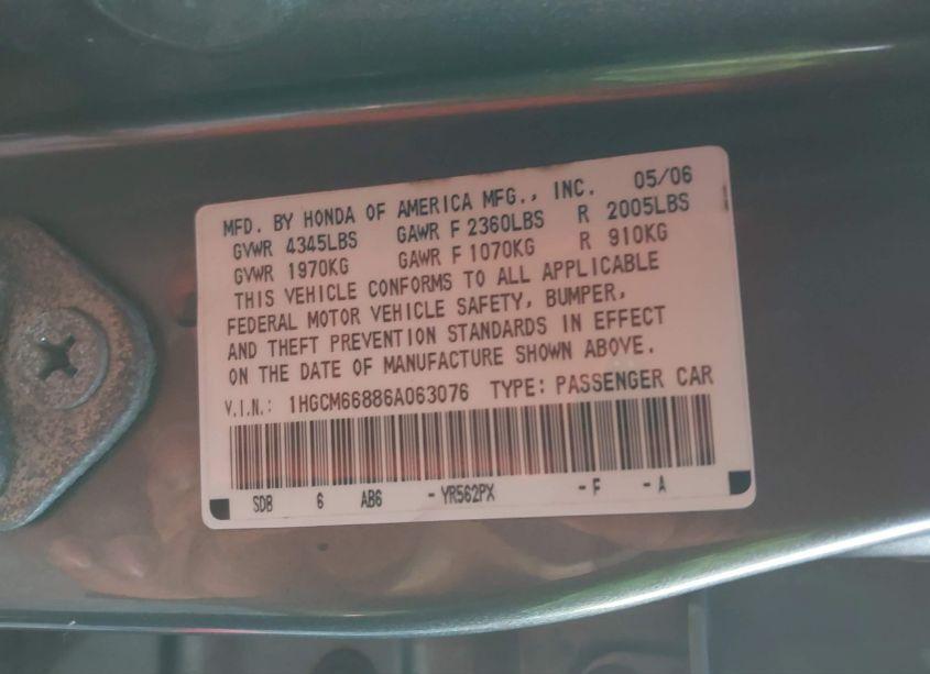 Photo 9 of 2006 Honda Accord SDN EX-L V6 WITH NAVI (VIN 1HGCM66886A063076)