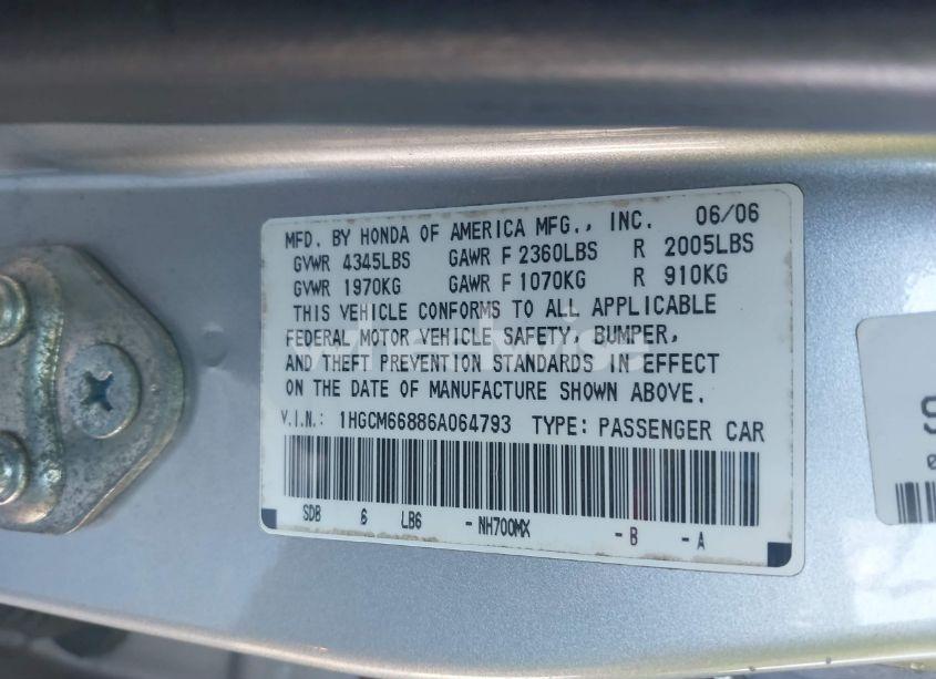 Photo 9 of 2006 Honda Accord 3.0 EX (VIN 1HGCM66886A064793)
