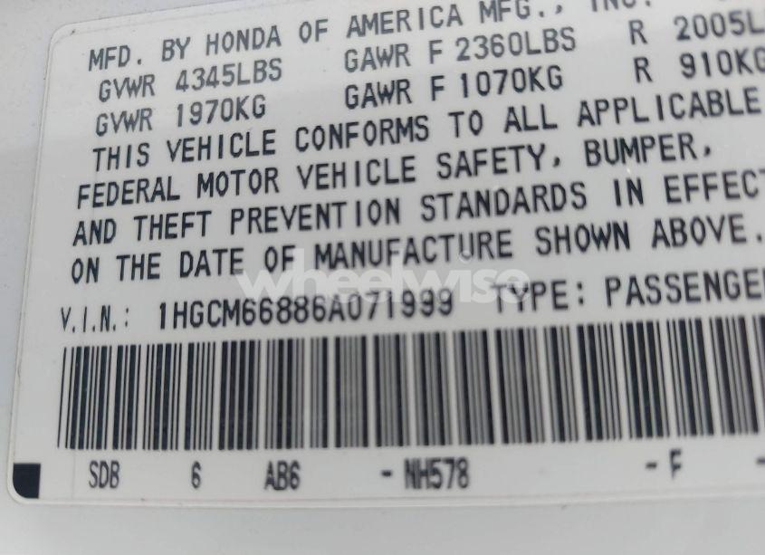 Photo 9 of 2006 Honda Accord 3.0 EX (VIN 1HGCM66886A071999)