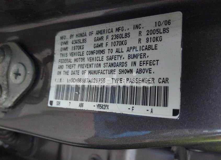 Photo 9 of 2007 Honda Accord 3.0 EX (VIN 1HGCM66887A026756)