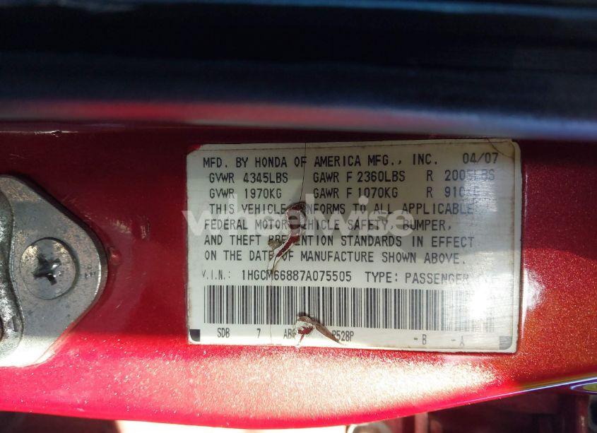 Photo 9 of 2007 Honda Accord 3.0 EX (VIN 1HGCM66887A075505)