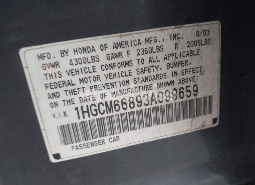 Photo 9 of 2003 Honda Accord 3.0 EX (VIN 1HGCM66893A099659)