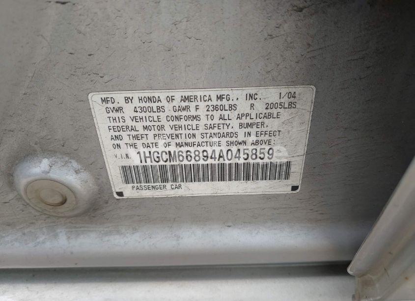 Photo 9 of 2004 Honda Accord 3.0 EX (VIN 1HGCM66894A045859)