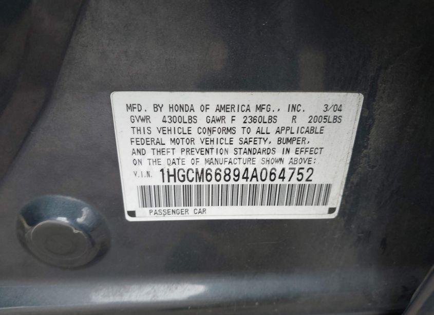 Photo 9 of 2004 Honda Accord 3.0 EX (VIN 1HGCM66894A064752)