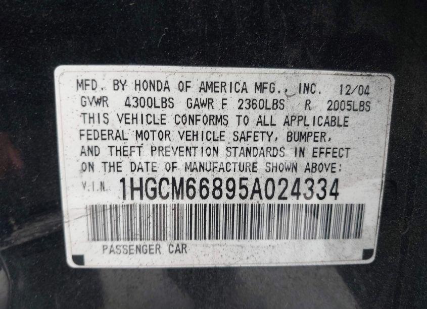 Photo 9 of 2005 Honda Accord 3.0 EX (VIN 1HGCM66895A024334)
