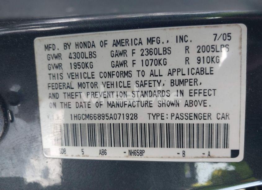 Photo 9 of 2005 Honda Accord 3.0 EX (VIN 1HGCM66895A071928)