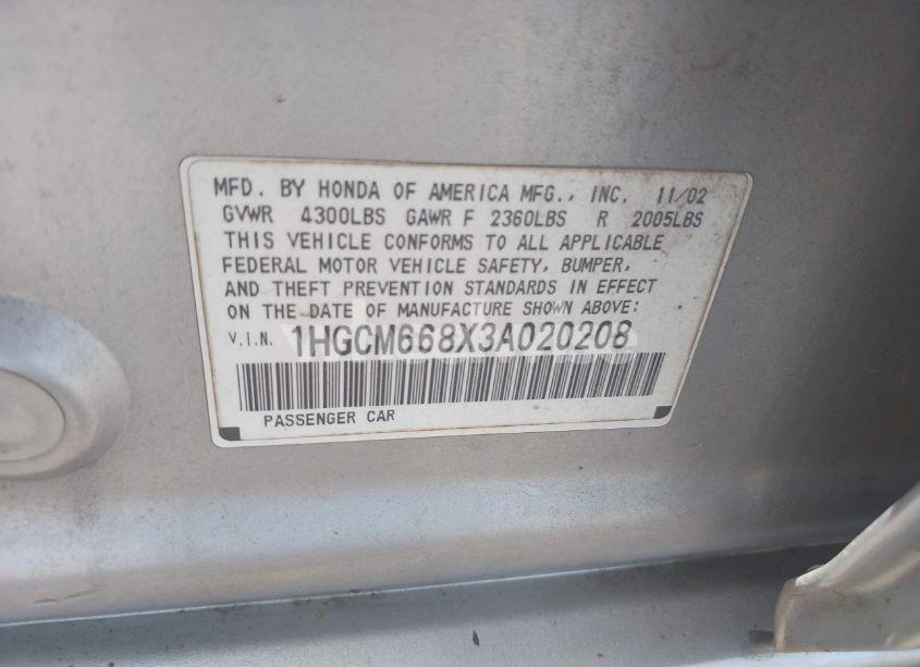 Photo 9 of 2003 Honda Accord 3.0 EX (VIN 1HGCM668X3A020208)