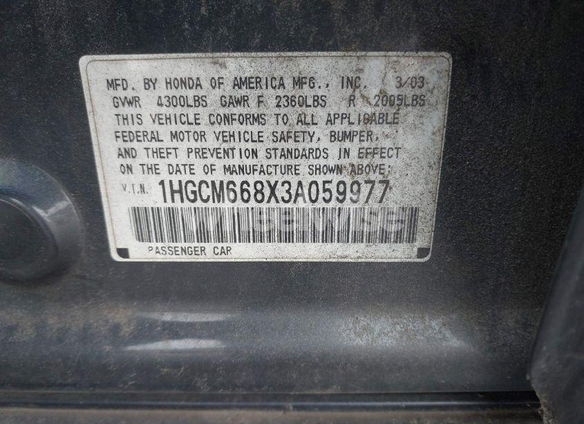 Photo 9 of 2003 Honda Accord 3.0 EX (VIN 1HGCM668X3A059977)