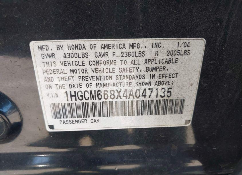 Photo 9 of 2004 Honda Accord SDN EX (VIN 1HGCM668X4A047135)