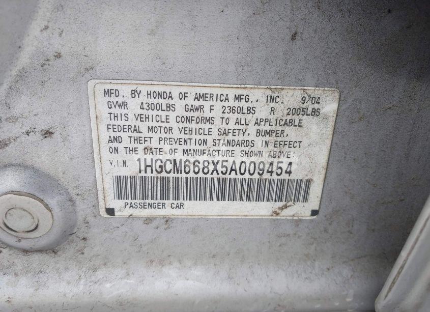 Photo 9 of 2005 Honda Accord 3.0 EX (VIN 1HGCM668X5A009454)