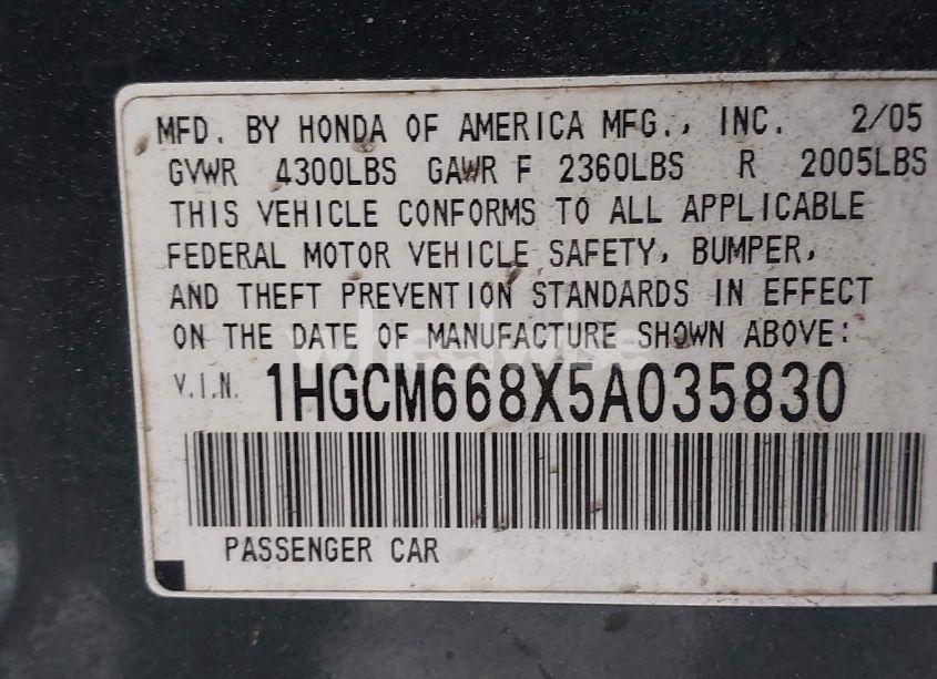 Photo 9 of 2005 Honda Accord 3.0 EX (VIN 1HGCM668X5A035830)