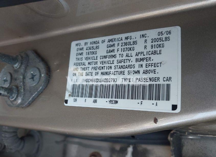 Photo 9 of 2006 Honda Accord 3.0 EX (VIN 1HGCM668X6A060793)