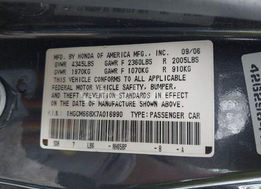 Photo 9 of 2007 Honda Accord 3.0 EX (VIN 1HGCM668X7A016990)