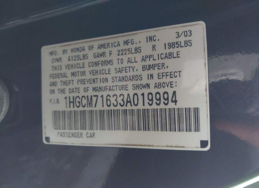 Photo 9 of 2003 Honda Accord 2.4 EX (VIN 1HGCM71633A019994)