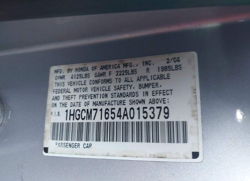 Photo 9 of 2004 Honda Accord 2.4 EX (VIN 1HGCM71654A015379)