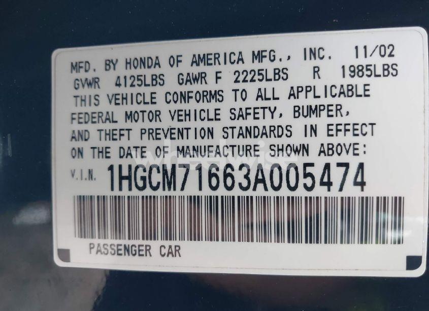 Photo 9 of 2003 Honda Accord 2.4 EX (VIN 1HGCM71663A005474)