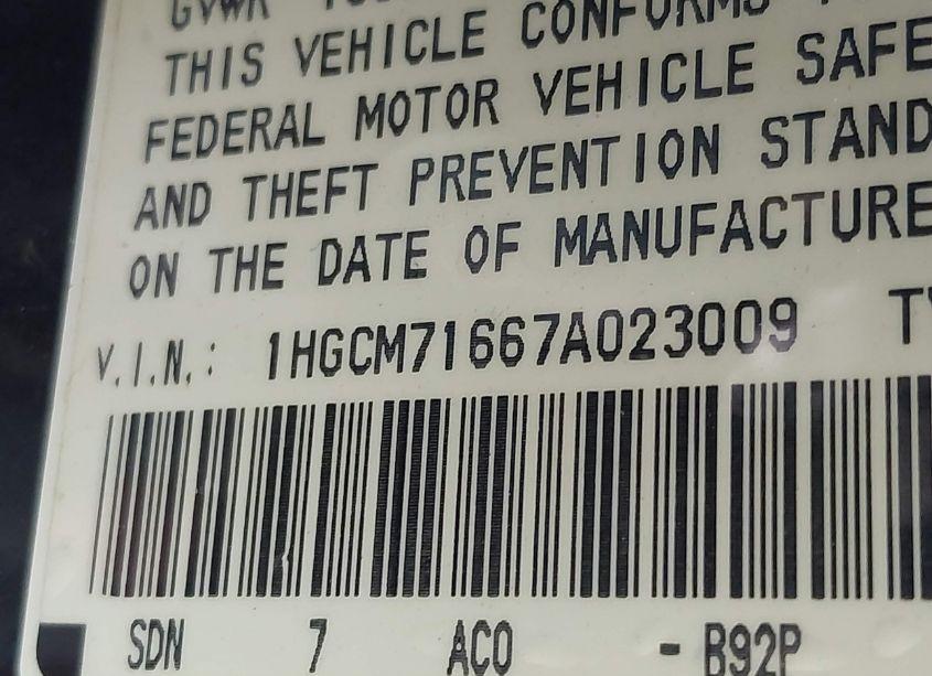 Photo 9 of 2007 Honda Accord 2.4 EX (VIN 1HGCM71667A023009)