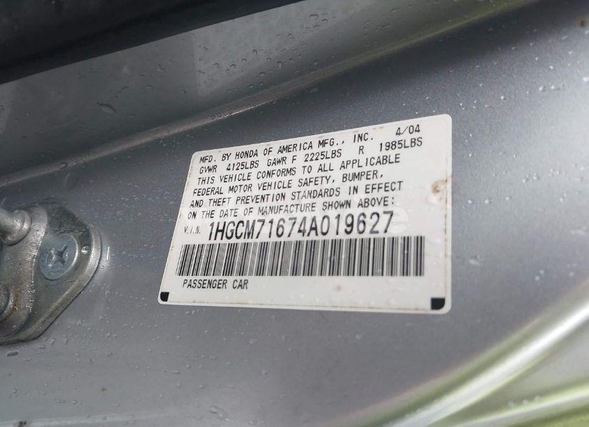 Photo 9 of 2004 Honda Accord 2.4 EX (VIN 1HGCM71674A019627)