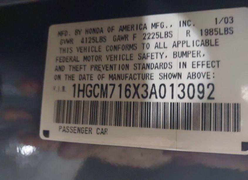 Photo 9 of 2003 Honda Accord 2.4 EX (VIN 1HGCM716X3A013092)