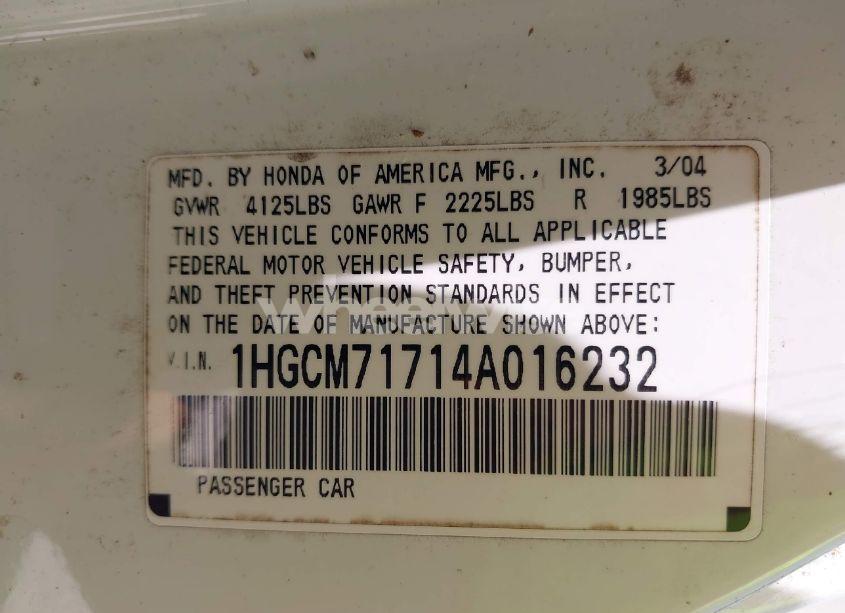 Photo 9 of 2004 Honda Accord 2.4 EX (VIN 1HGCM71714A016232)