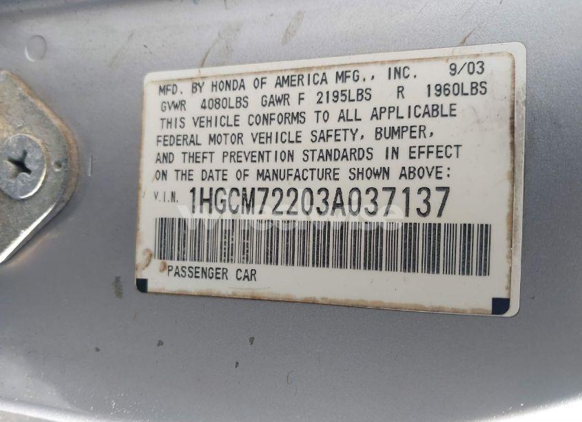 Photo 9 of 2003 Honda Accord 2.4 LX (VIN 1HGCM72203A037137)