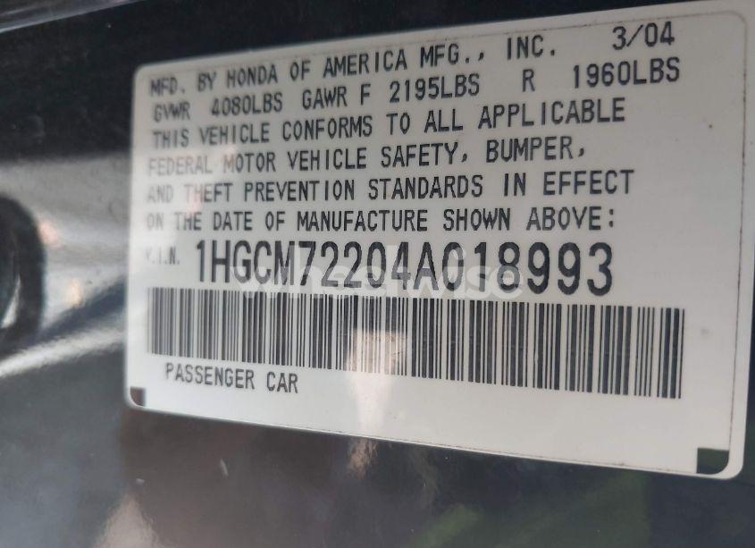 Photo 9 of 2004 Honda Accord 2.4 LX (VIN 1HGCM72204A018993)