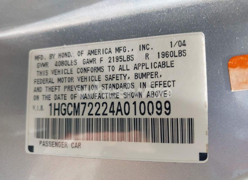Photo 9 of 2004 Honda Accord 2.4 LX (VIN 1HGCM72224A010099)