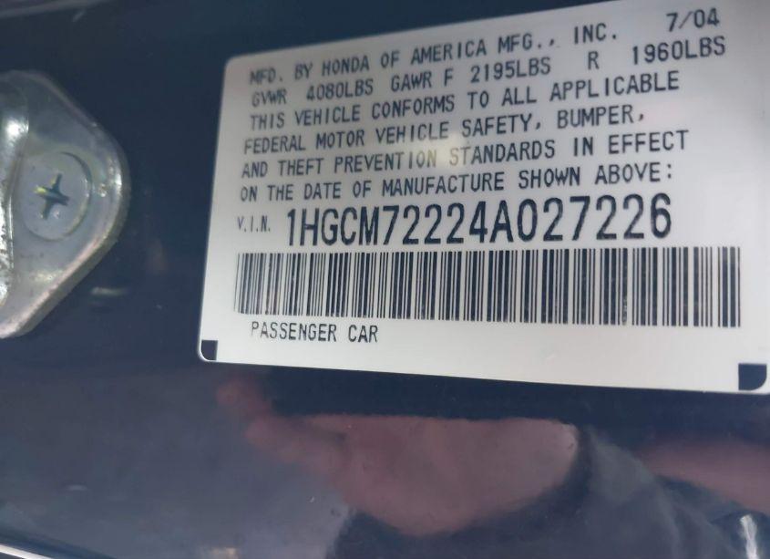 Photo 9 of 2004 Honda Accord 2.4 LX (VIN 1HGCM72224A027226)