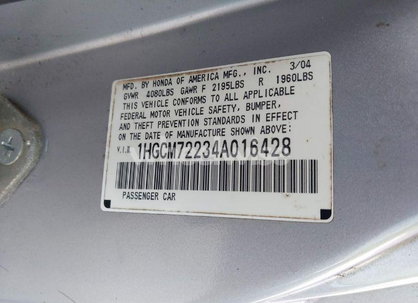 Photo 9 of 2004 Honda Accord 2.4 LX (VIN 1HGCM72234A016428)