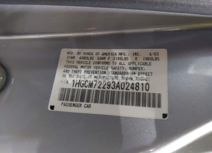 Photo 9 of 2003 Honda Accord 2.4 LX (VIN 1HGCM72293A024810)