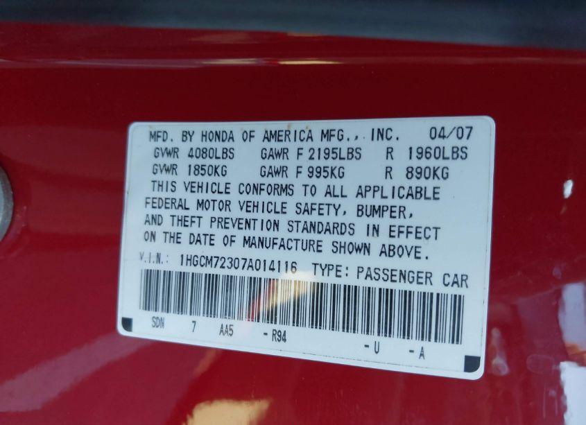 Photo 9 of 2007 Honda Accord 2.4 LX (VIN 1HGCM72307A014116)