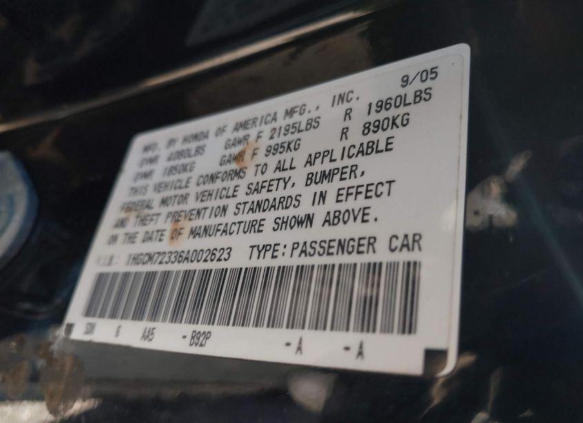 Photo 9 of 2006 Honda Accord 2.4 LX (VIN 1HGCM72336A002623)