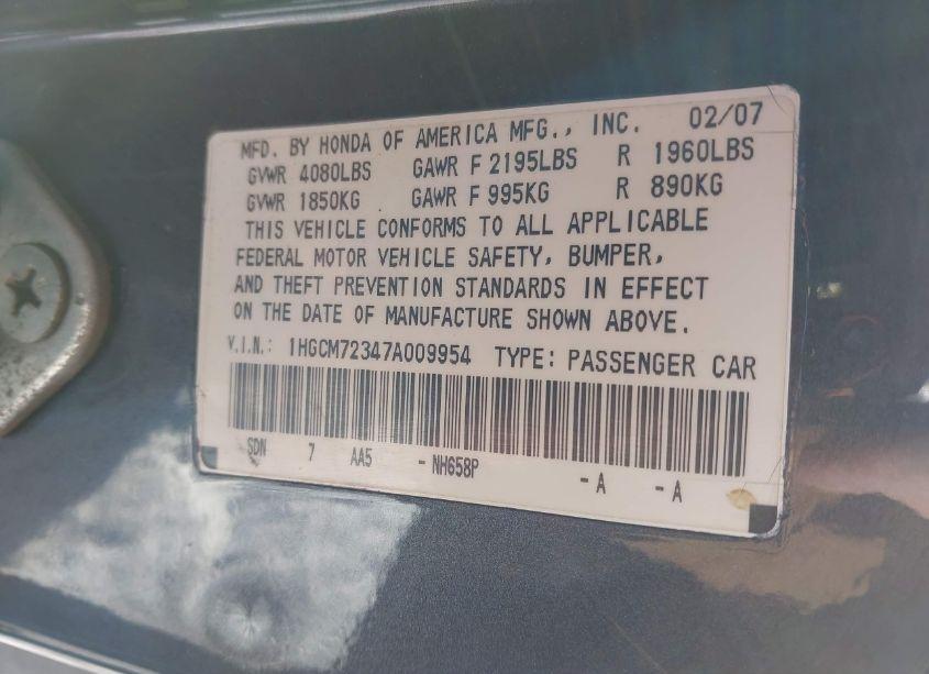 Photo 9 of 2007 Honda Accord 2.4 LX (VIN 1HGCM72347A009954)