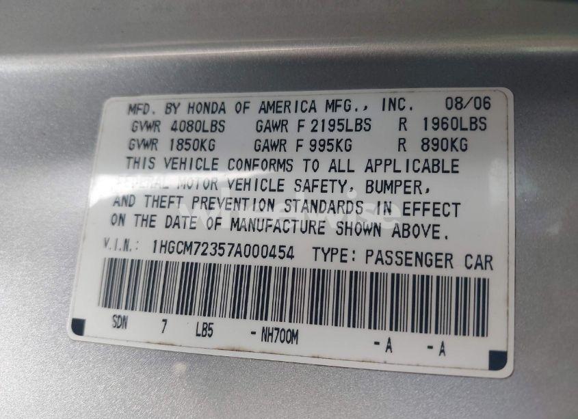 Photo 9 of 2007 Honda Accord 2.4 LX (VIN 1HGCM72357A000454)