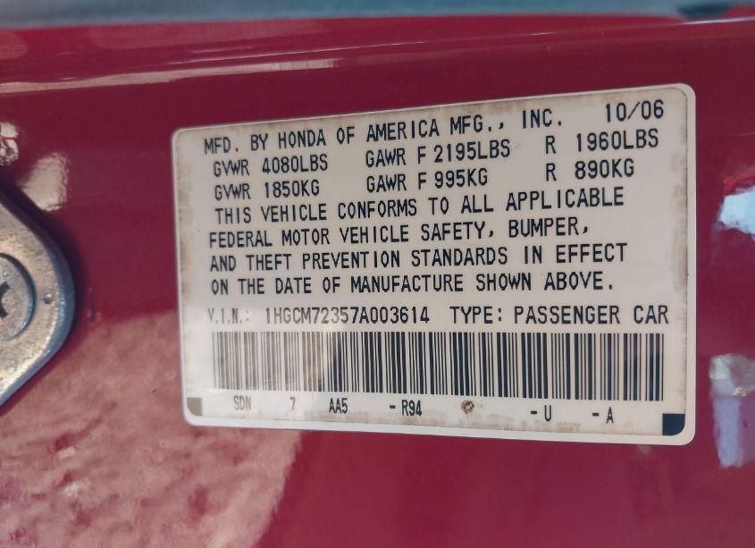 Photo 9 of 2007 Honda Accord 2.4 LX (VIN 1HGCM72357A003614)