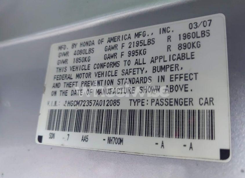 Photo 9 of 2007 Honda Accord 2.4 LX (VIN 1HGCM72357A012085)