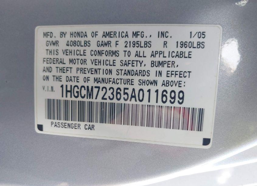 Photo 9 of 2005 Honda Accord 2.4 LX (VIN 1HGCM72365A011699)