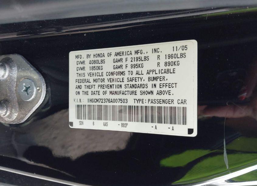 Photo 9 of 2006 Honda Accord 2.4 LX (VIN 1HGCM72376A007503)