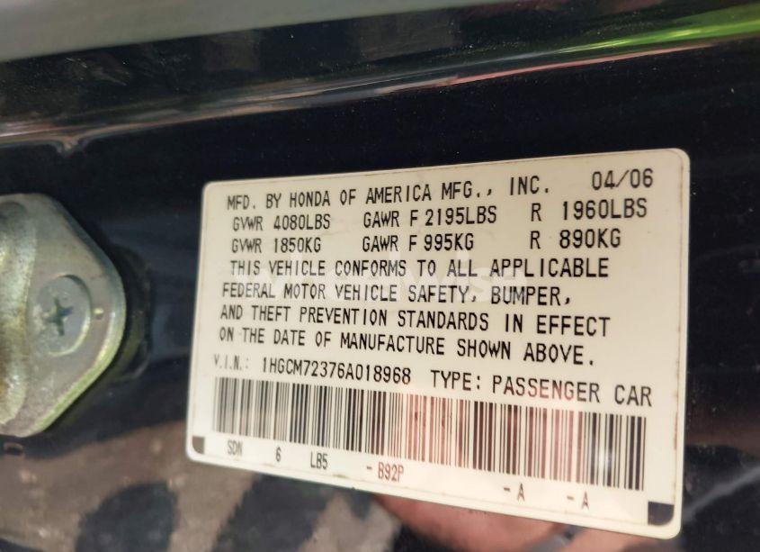 Photo 9 of 2006 Honda Accord 2.4 LX (VIN 1HGCM72376A018968)