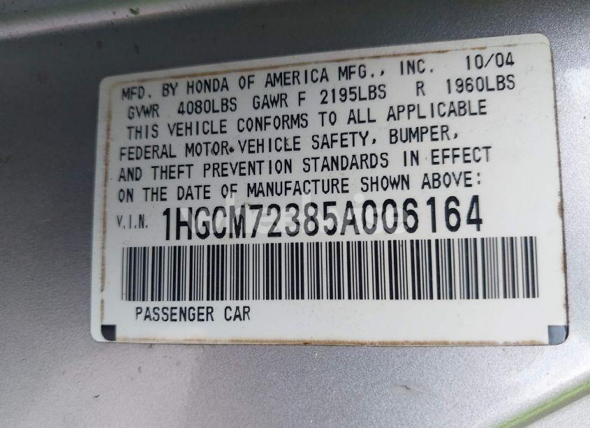 Photo 9 of 2005 Honda Accord 2.4 LX (VIN 1HGCM72385A006164)