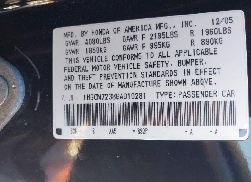 Photo 9 of 2006 Honda Accord 2.4 LX (VIN 1HGCM72386A010281)