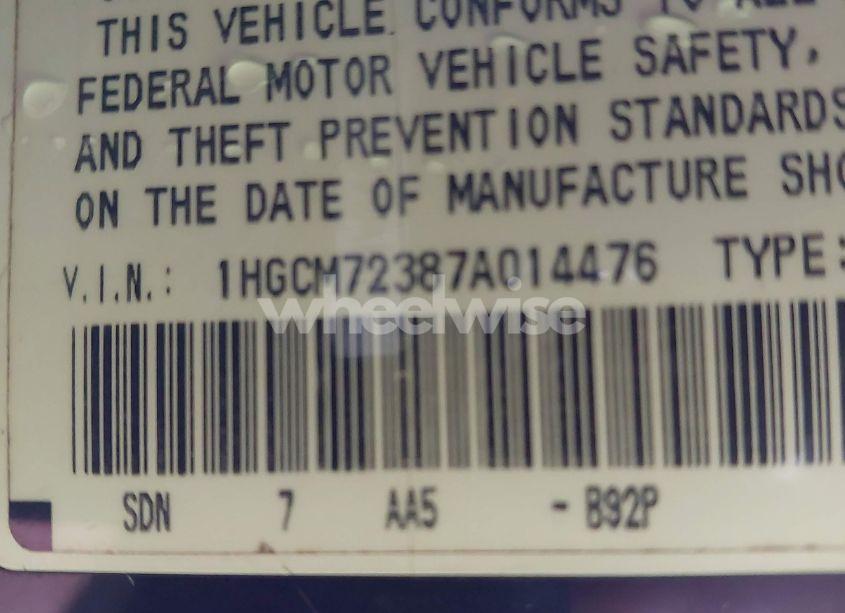 Photo 9 of 2007 Honda Accord 2.4 LX (VIN 1HGCM72387A014476)