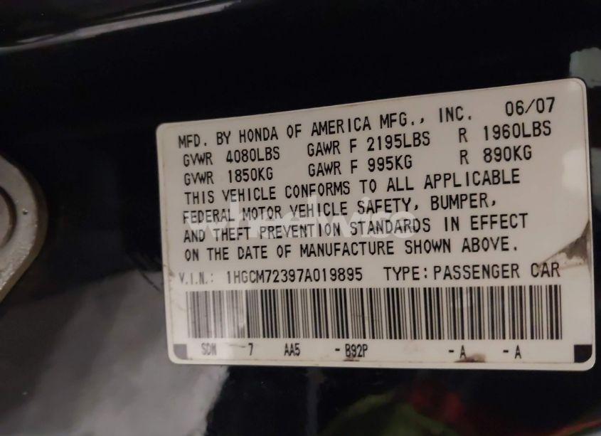 Photo 9 of 2007 Honda Accord 2.4 LX (VIN 1HGCM72397A019895)