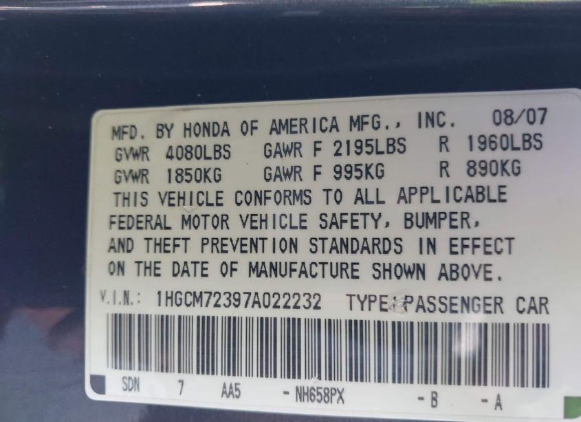 Photo 9 of 2007 Honda Accord 2.4 LX (VIN 1HGCM72397A022232)