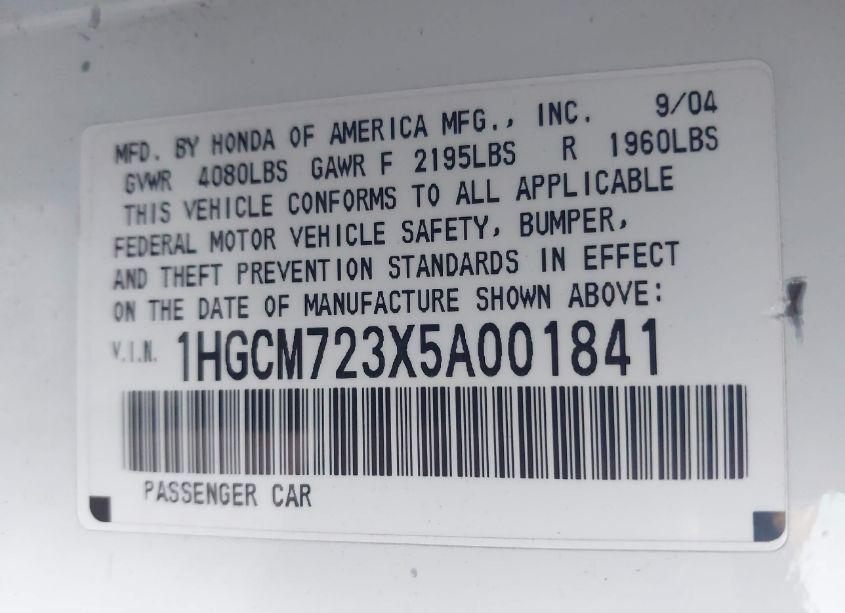 Photo 9 of 2005 Honda Accord 2.4 LX (VIN 1HGCM723X5A001841)