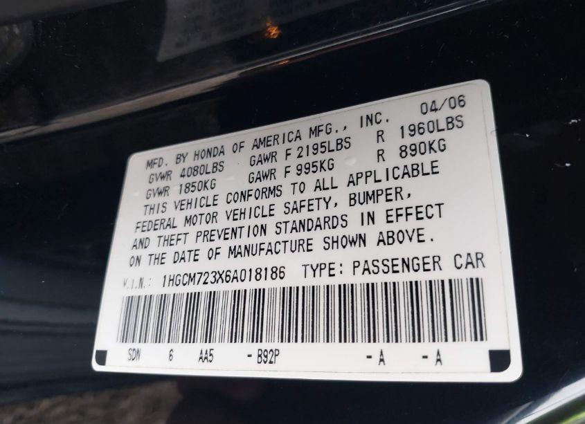 Photo 9 of 2006 Honda Accord 2.4 LX (VIN 1HGCM723X6A018186)